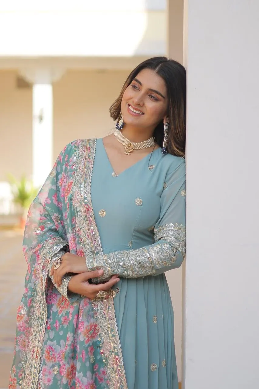 Beautiful Faux Georgette Zari Sequins Embroidered Gown