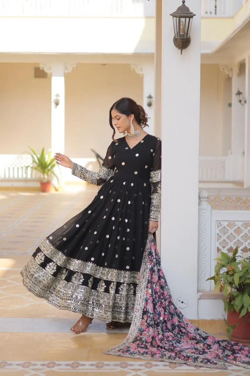 Beautiful Faux Georgette Zari Sequins Embroidered Gown