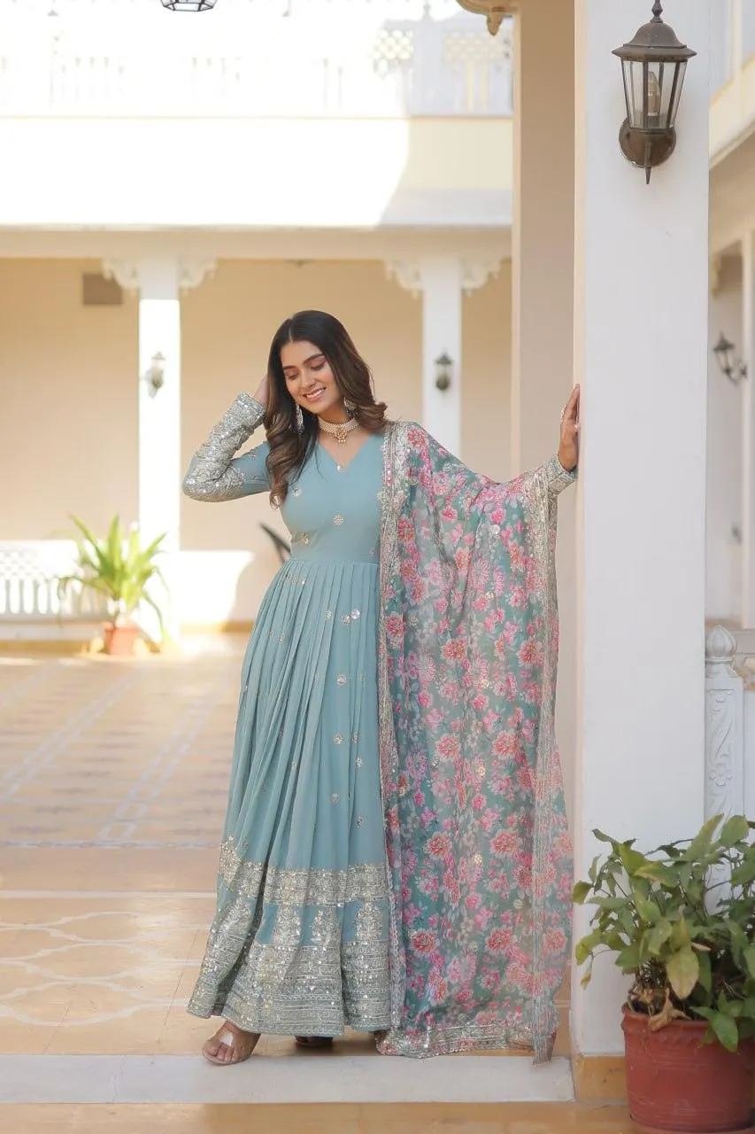Beautiful Faux Georgette Zari Sequins Embroidered Gown
