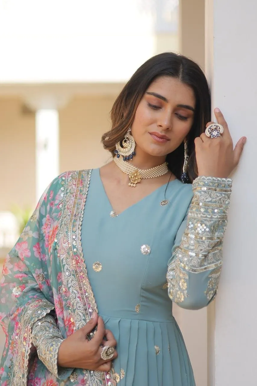 Beautiful Faux Georgette Zari Sequins Embroidered Gown