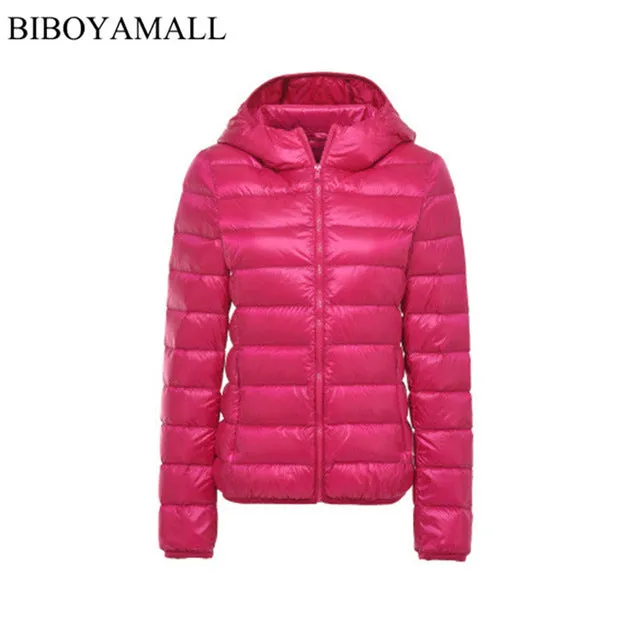 BIBOYAMALL Women Ultra Light Down Jacket Hooded 90% Winter Duck Down Jackets Women Parka Zipper Coats Plus Size XXXL Pink Black