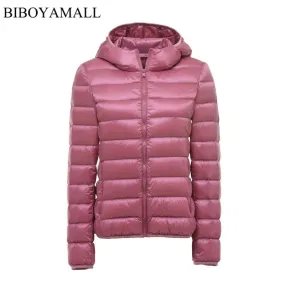 BIBOYAMALL Women Ultra Light Down Jacket Hooded 90% Winter Duck Down Jackets Women Parka Zipper Coats Plus Size XXXL Pink Black