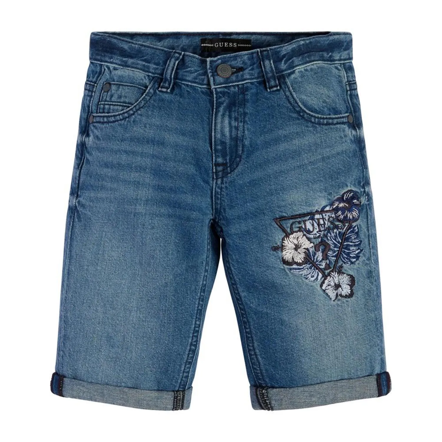 Big Boys Embroidered Triangle Logo Patch Linen Denim Shorts