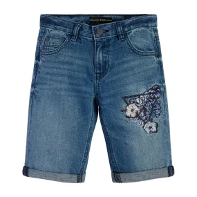 Big Boys Embroidered Triangle Logo Patch Linen Denim Shorts