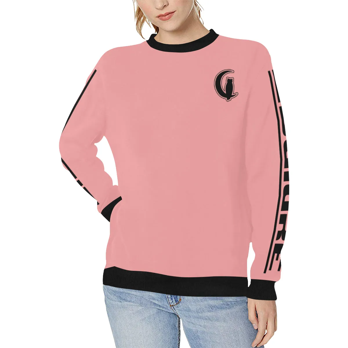 BLACC BORDER PINK Women's Rib Cuff Crew Neck Sweatshirt