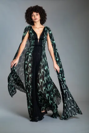 BLACK & MINT PRINTED V NECK SILK PLEATING GOWN