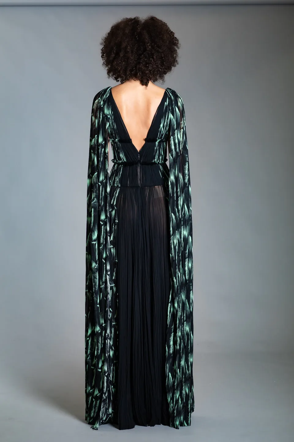BLACK & MINT PRINTED V NECK SILK PLEATING GOWN