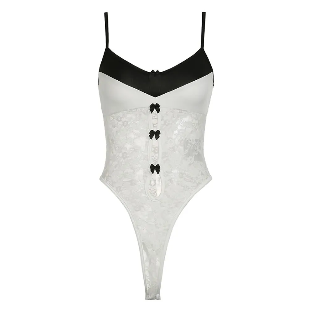 Black And White Coquette Sheer Lace Bodysuit