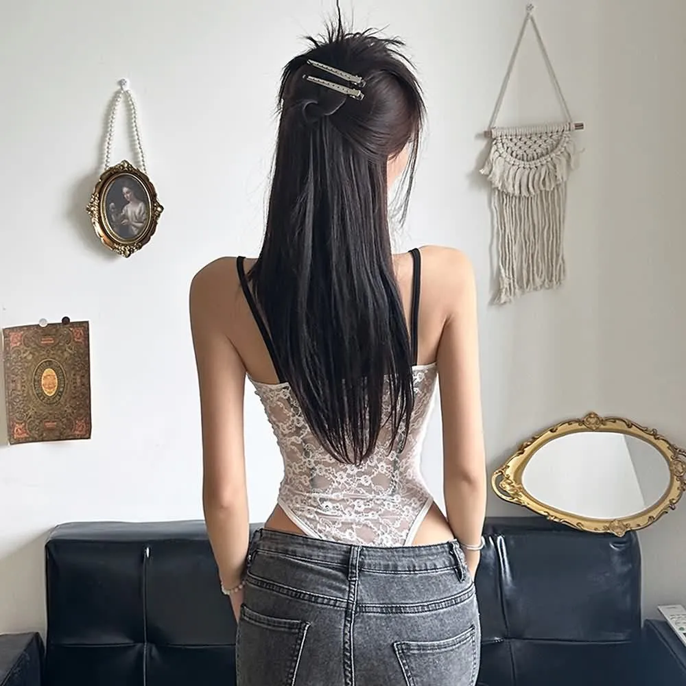Black And White Coquette Sheer Lace Bodysuit