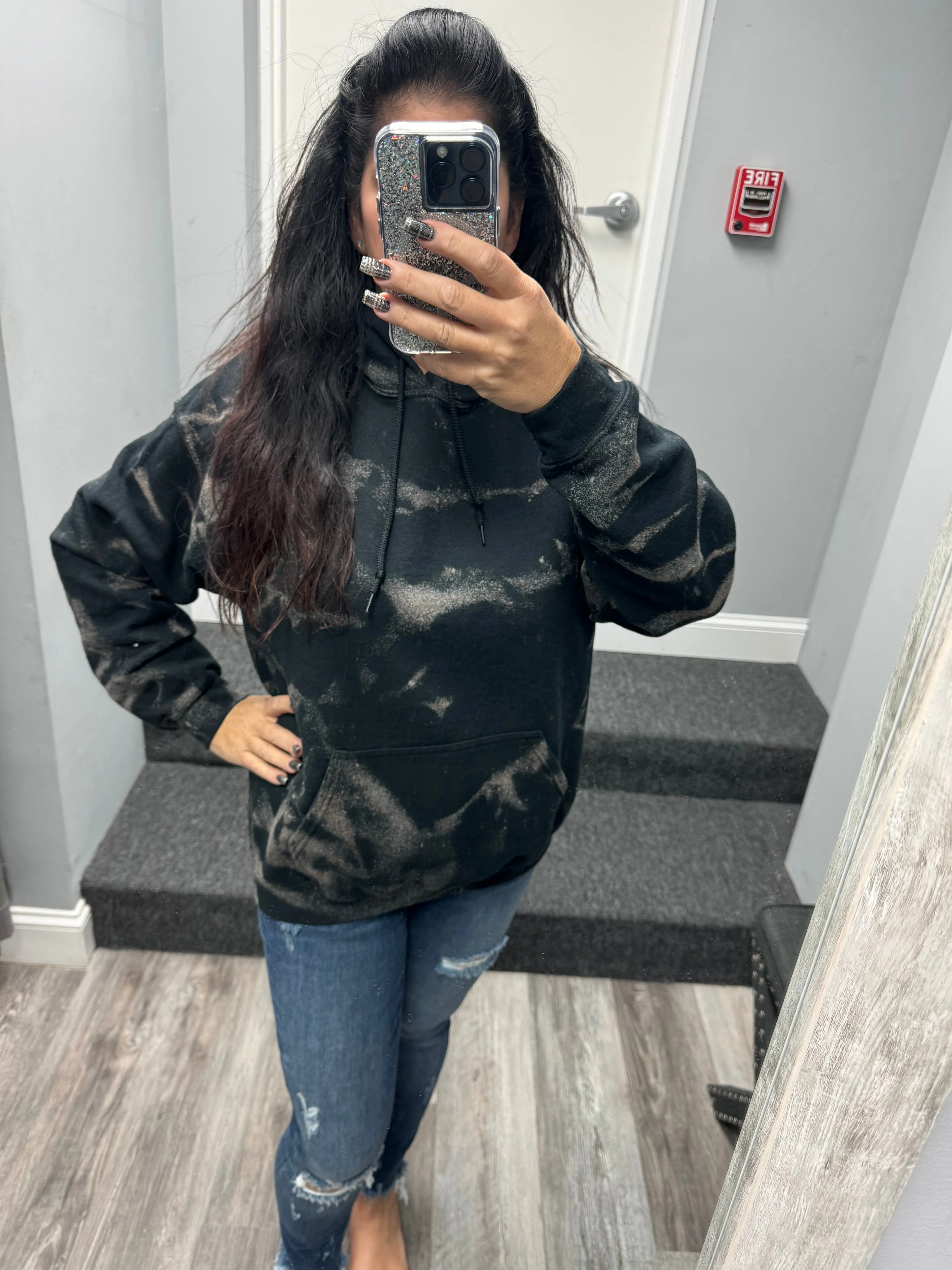 Black Bleached Fleece Lined Hoodie