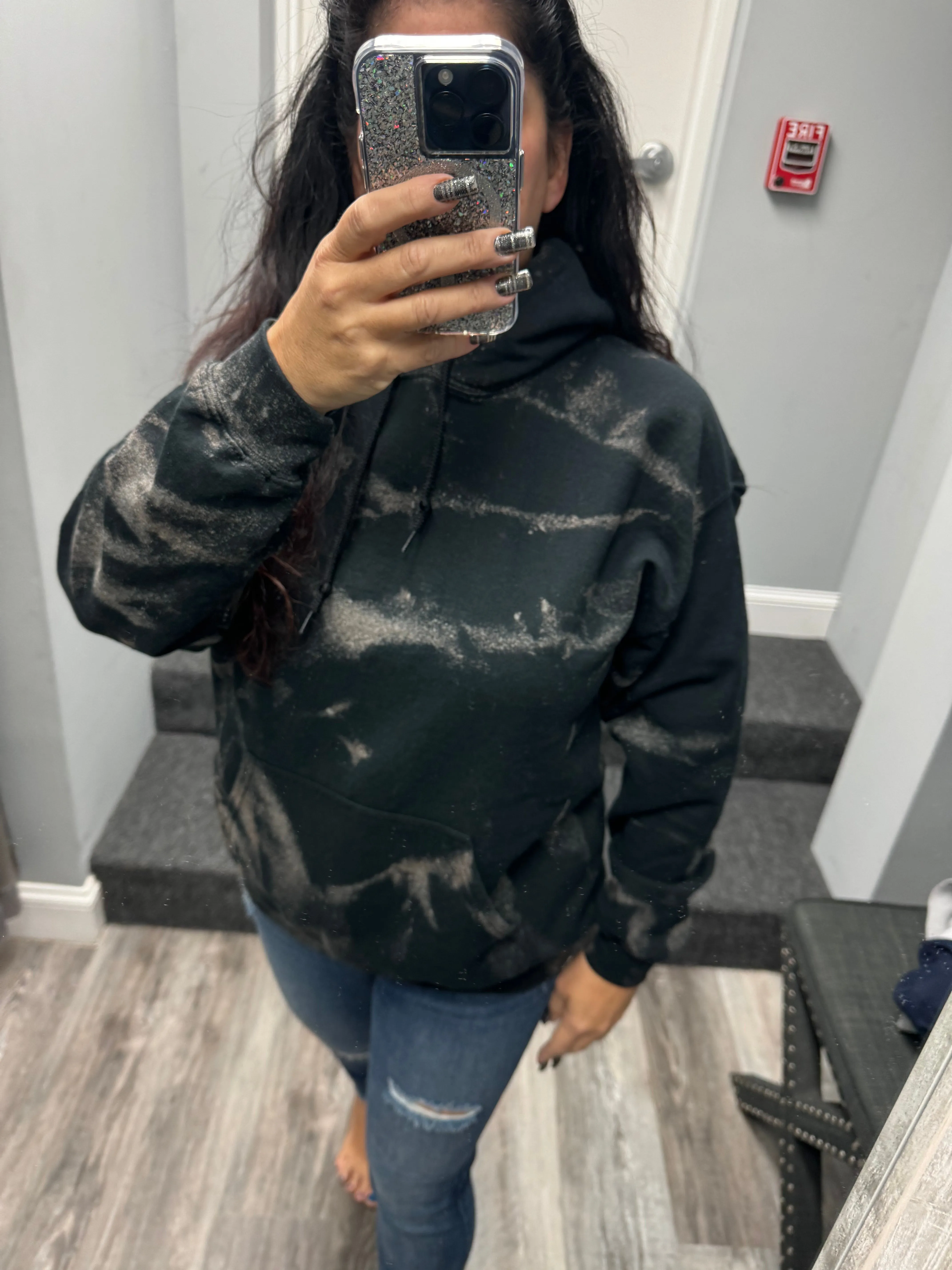 Black Bleached Fleece Lined Hoodie