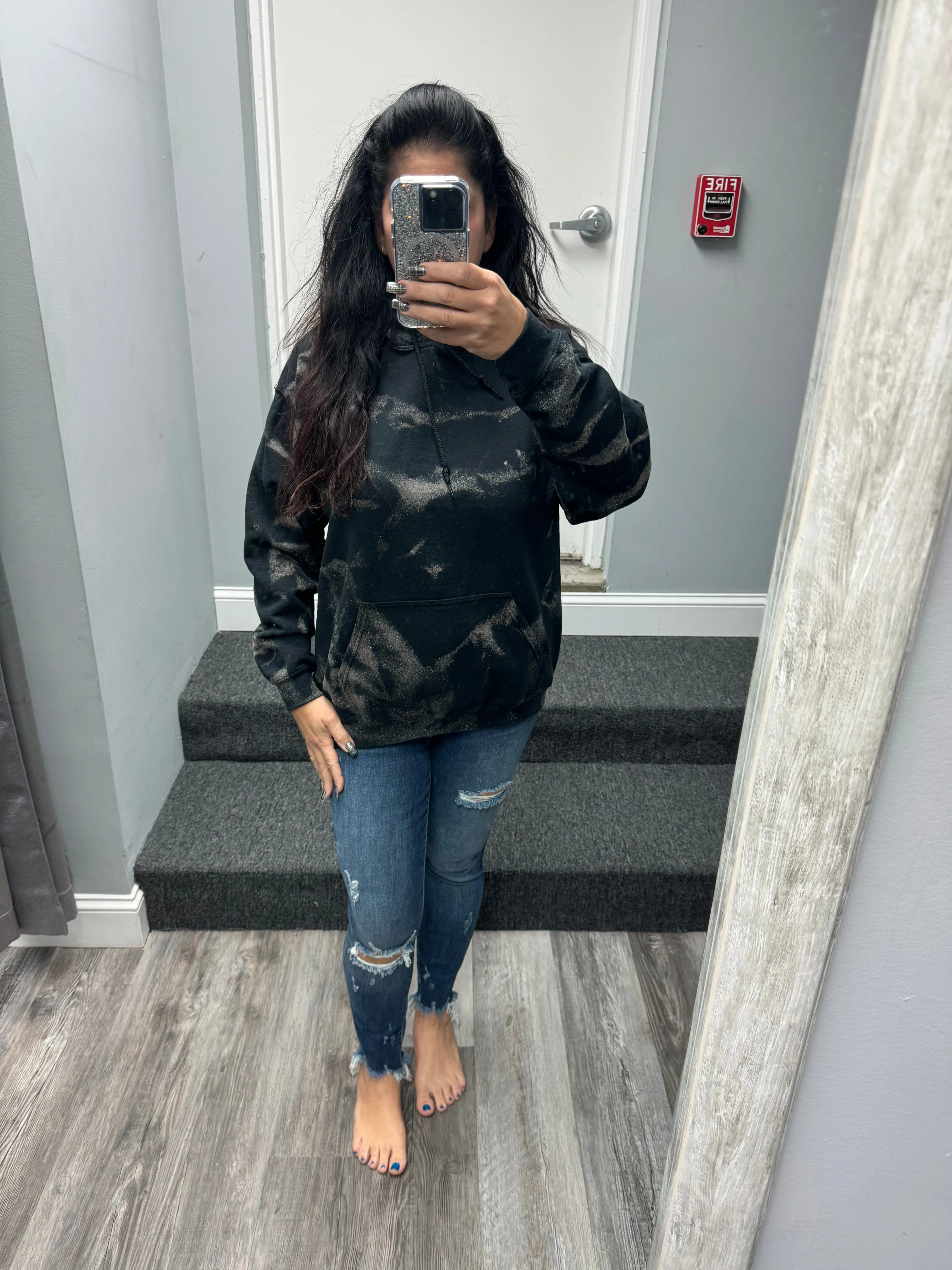 Black Bleached Fleece Lined Hoodie