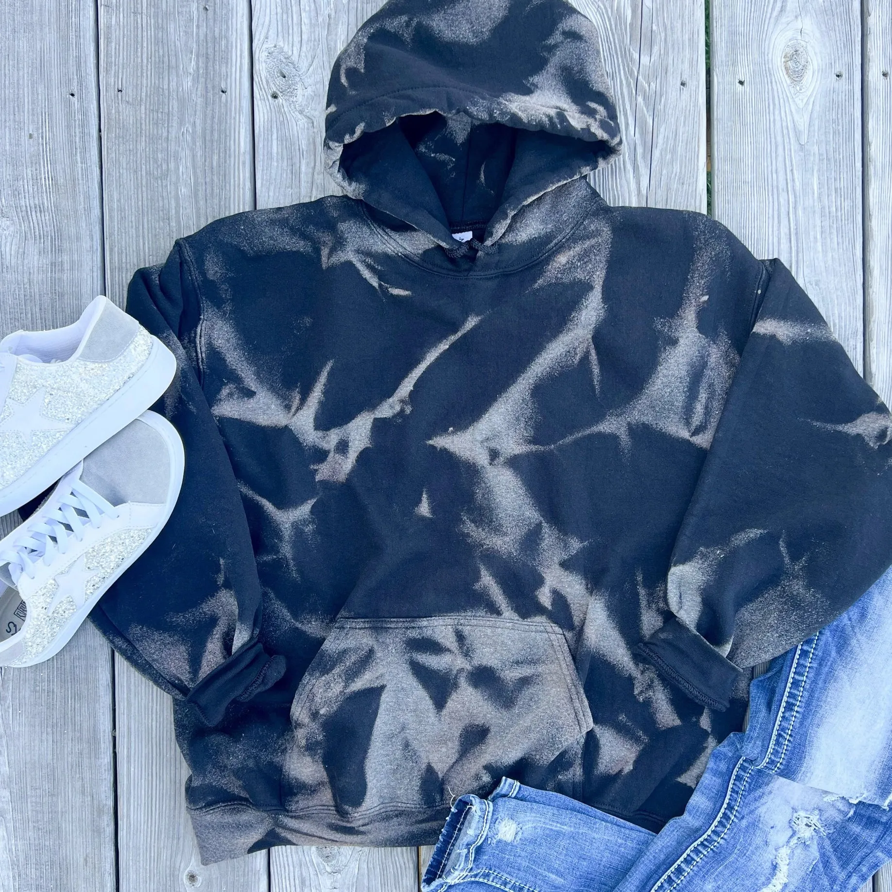 Black Bleached Fleece Lined Hoodie