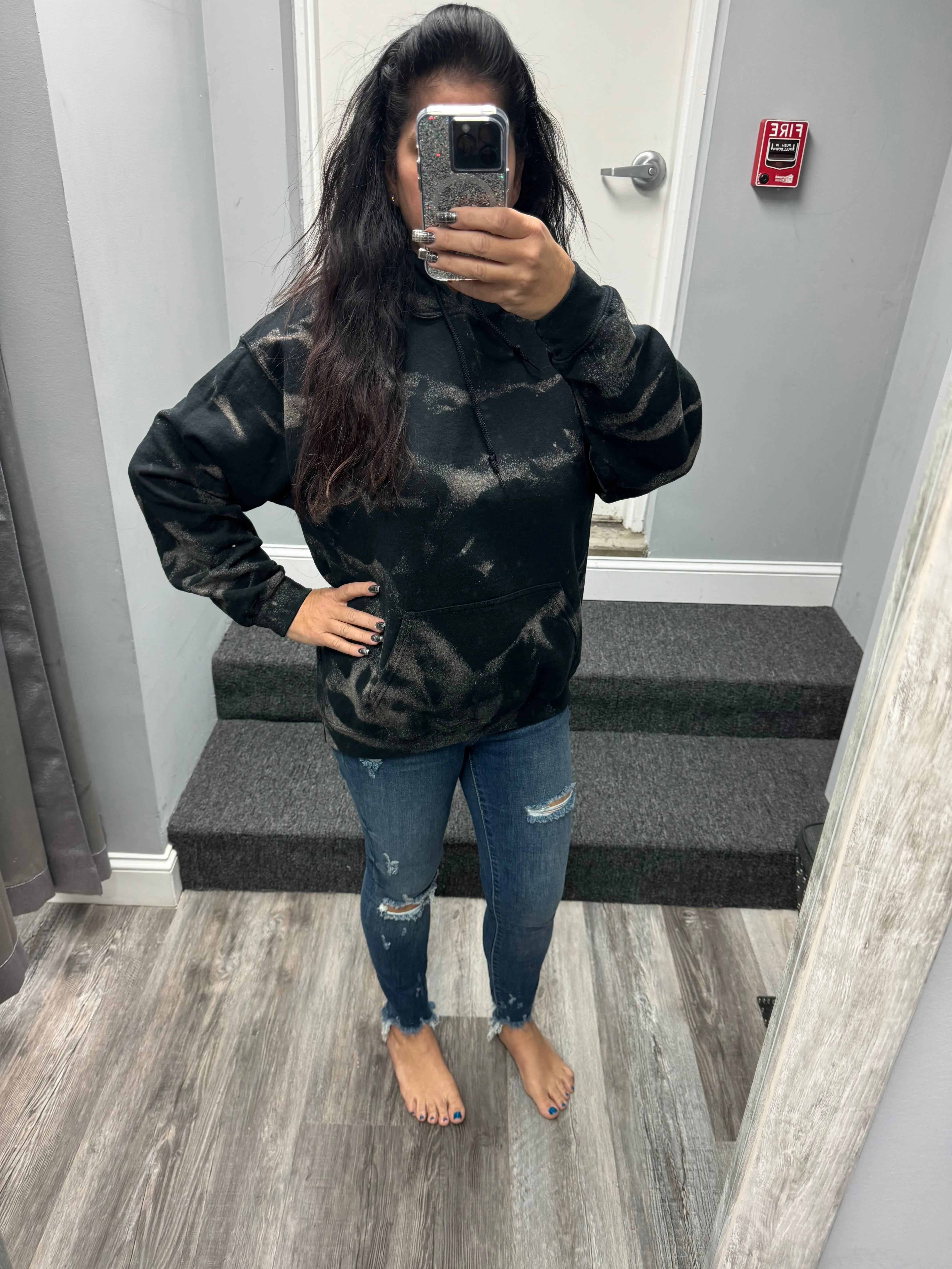 Black Bleached Fleece Lined Hoodie