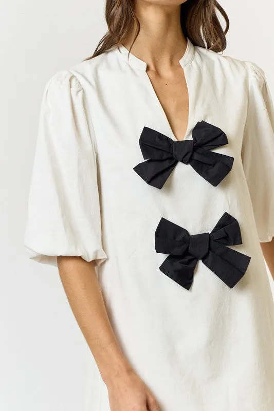 Black Bow Linen Shirt Dress