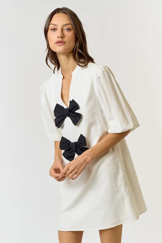 Black Bow Linen Shirt Dress