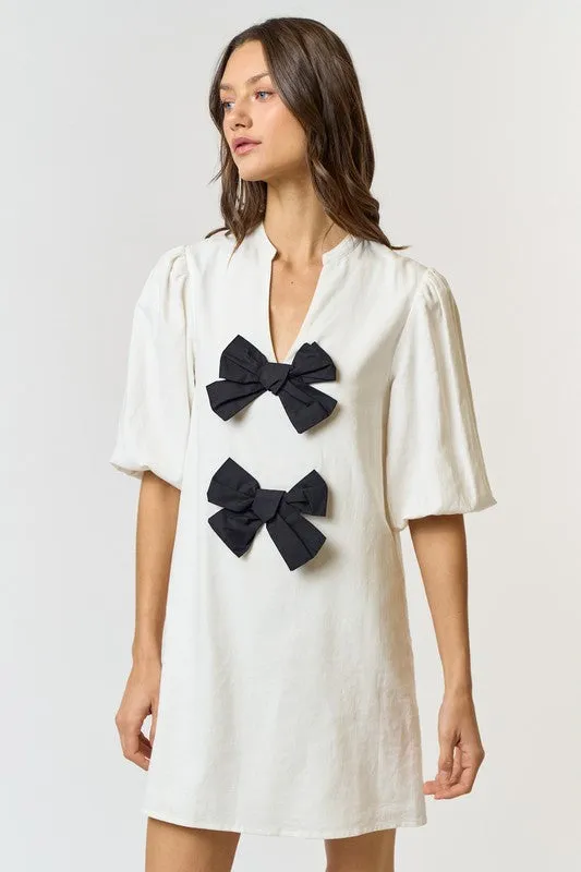 Black Bow Linen Shirt Dress