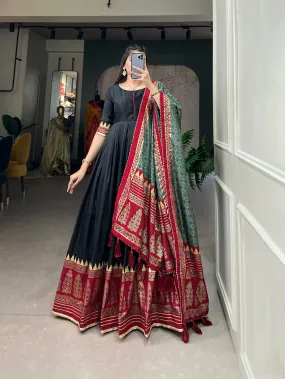 Black Color Tussar Silk Printed Gown with Dupatta - Contemporary Elegance