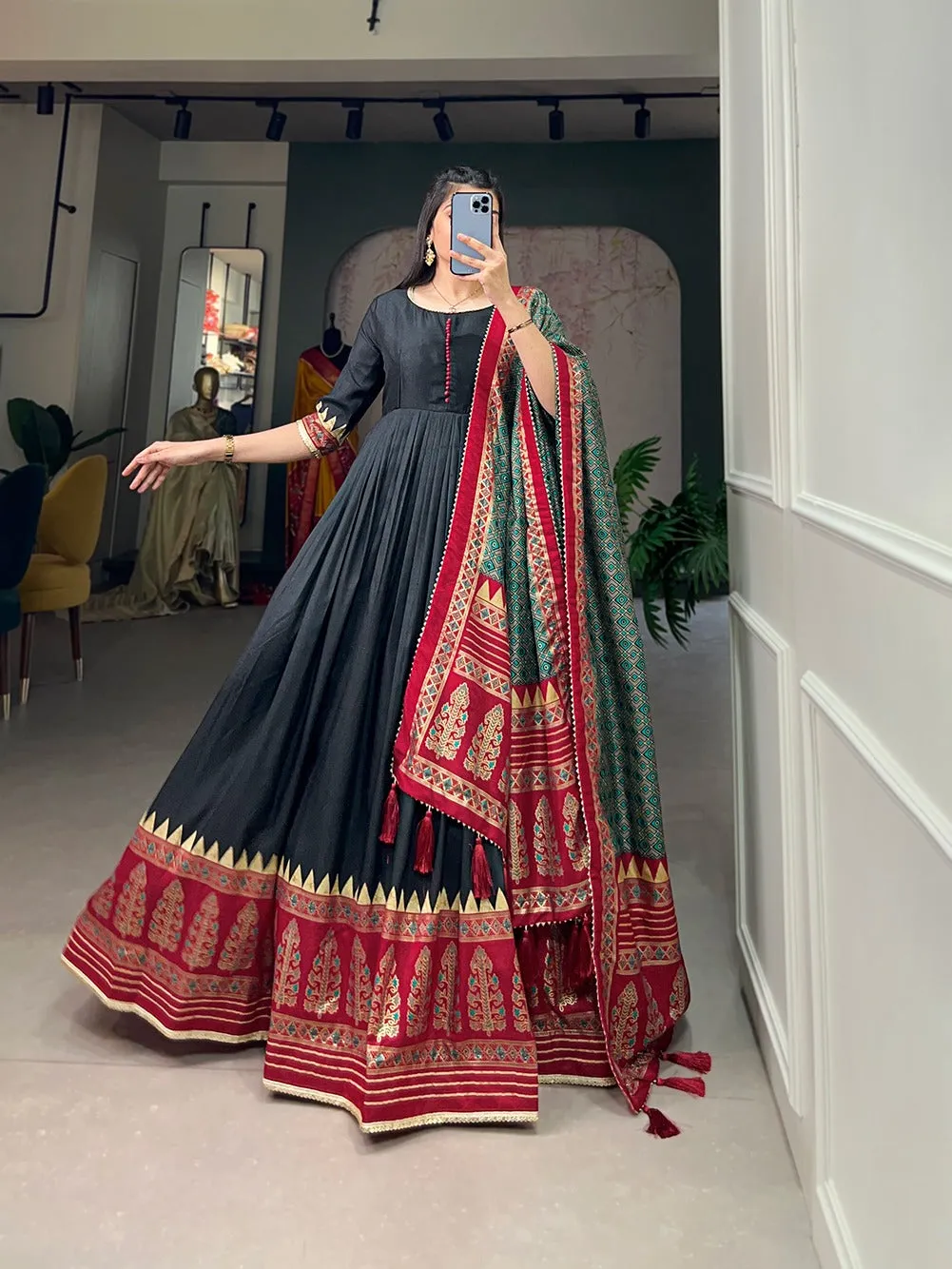 Black Color Tussar Silk Printed Gown with Dupatta - Contemporary Elegance