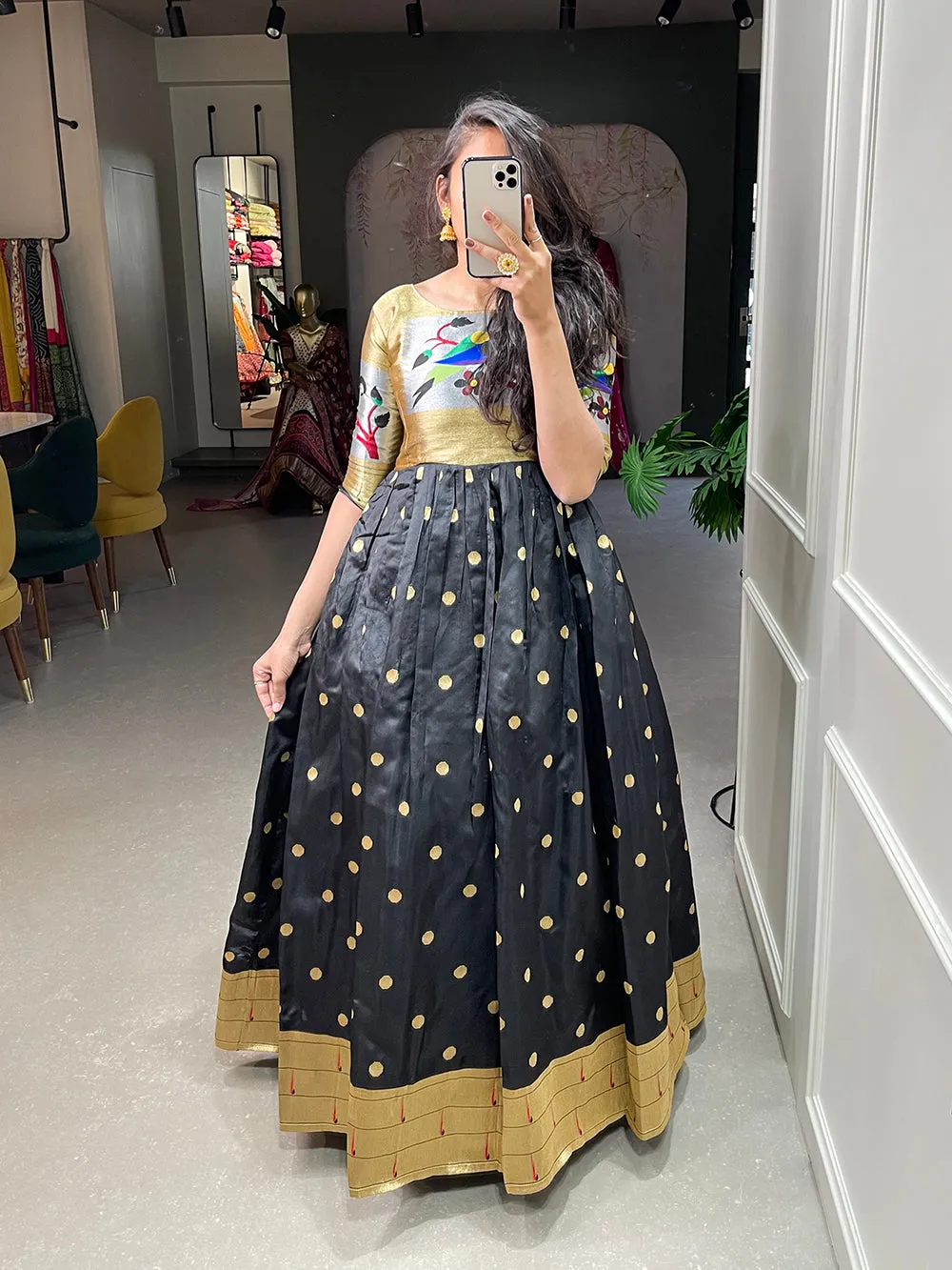 Black Color Weaving Zari Work Jacquard Silk Paithani Gown