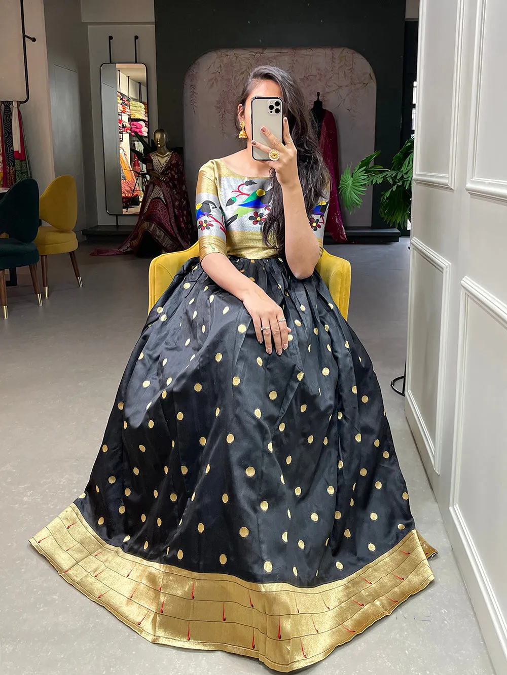 Black Color Weaving Zari Work Jacquard Silk Paithani Gown