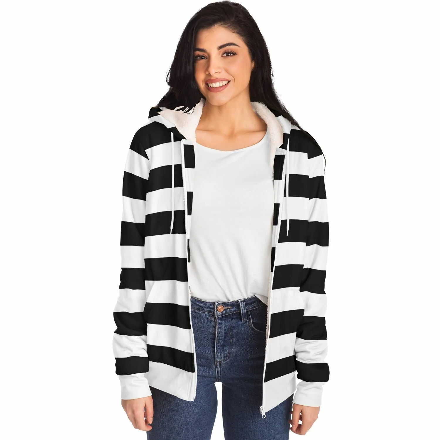 Black White Striped Zip Up Fleece Lined Hoodie, Heavyweight Full Zipper Pocket Men Women Unisex Aesthetic Graphic Hooded Sweatshirt Jacket