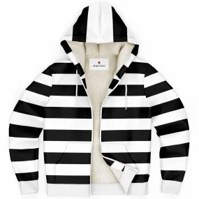 Black White Striped Zip Up Fleece Lined Hoodie, Heavyweight Full Zipper Pocket Men Women Unisex Aesthetic Graphic Hooded Sweatshirt Jacket