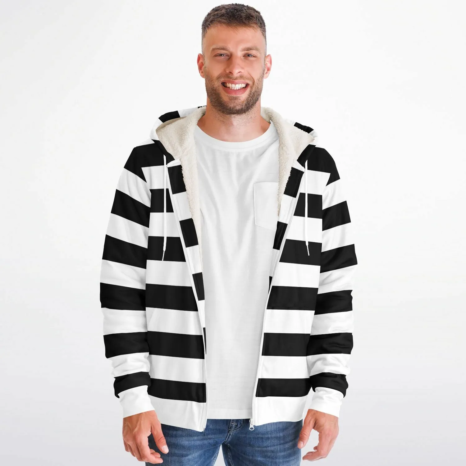 Black White Striped Zip Up Fleece Lined Hoodie, Heavyweight Full Zipper Pocket Men Women Unisex Aesthetic Graphic Hooded Sweatshirt Jacket