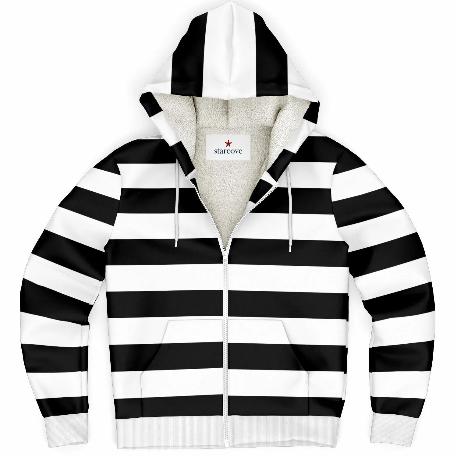 Black White Striped Zip Up Fleece Lined Hoodie, Heavyweight Full Zipper Pocket Men Women Unisex Aesthetic Graphic Hooded Sweatshirt Jacket