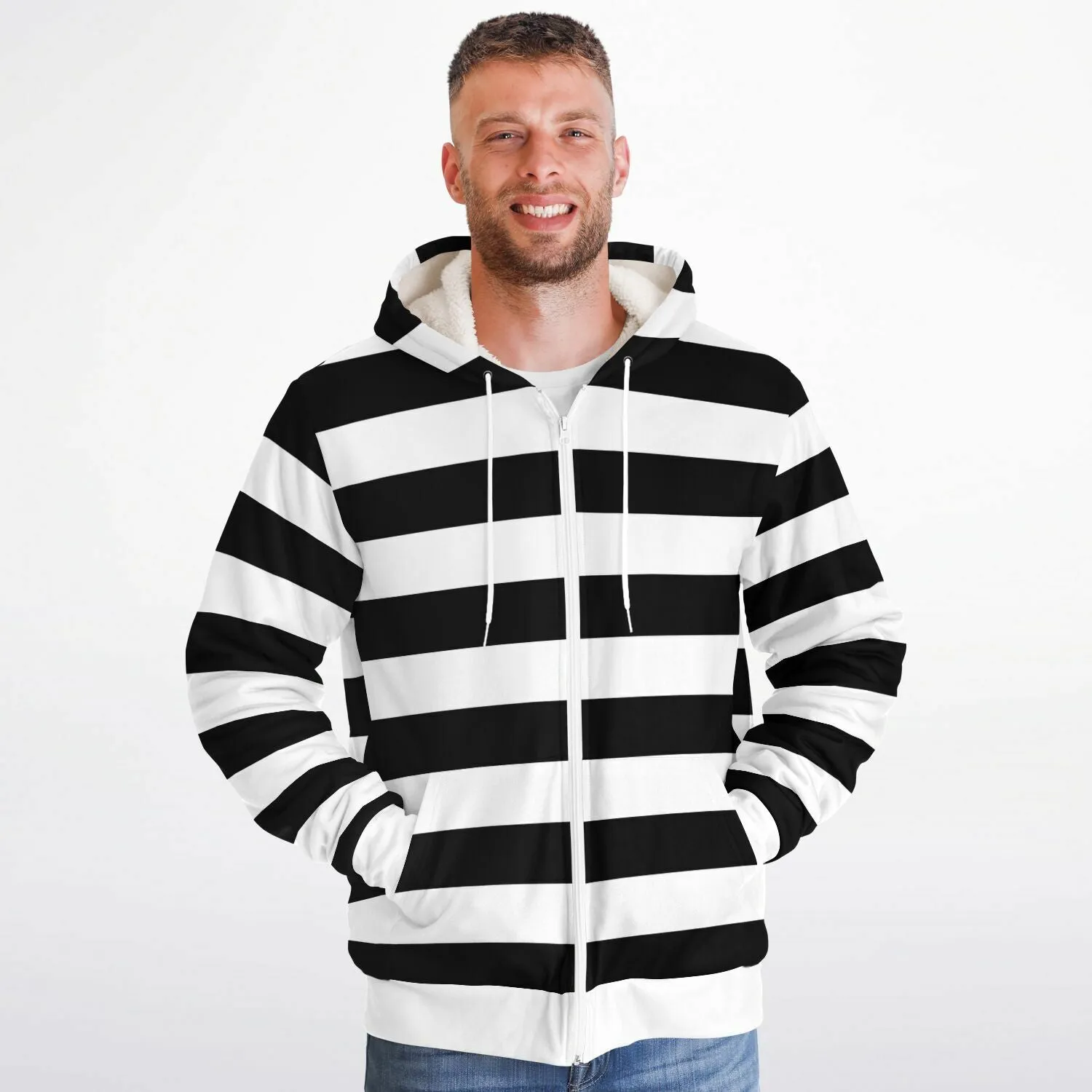 Black White Striped Zip Up Fleece Lined Hoodie, Heavyweight Full Zipper Pocket Men Women Unisex Aesthetic Graphic Hooded Sweatshirt Jacket