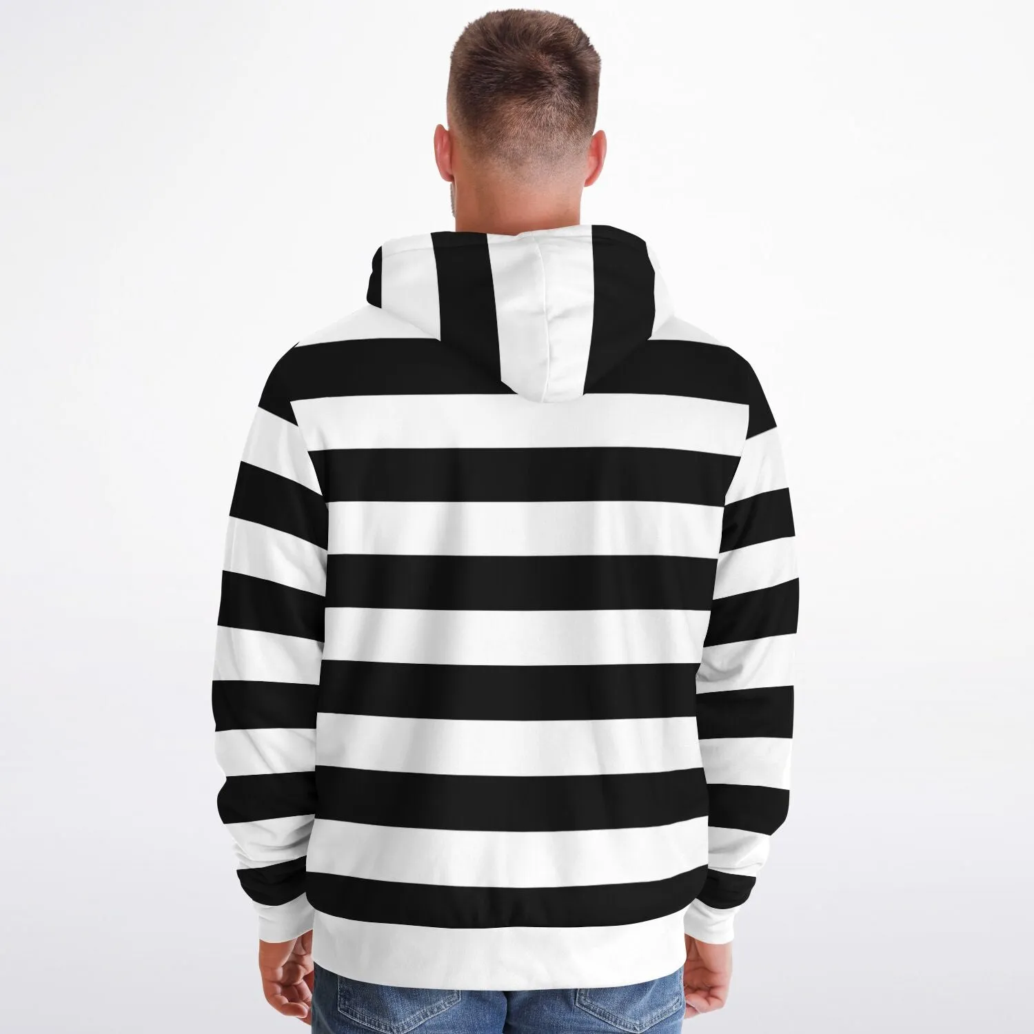 Black White Striped Zip Up Fleece Lined Hoodie, Heavyweight Full Zipper Pocket Men Women Unisex Aesthetic Graphic Hooded Sweatshirt Jacket