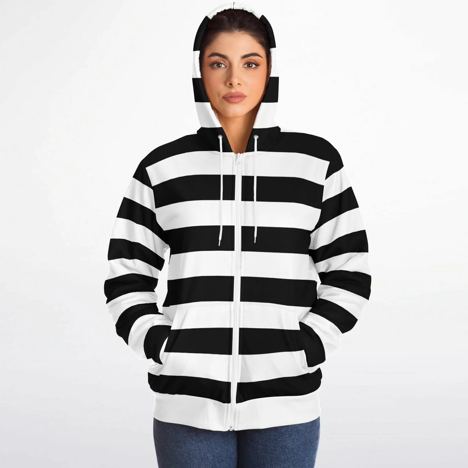 Black White Striped Zip Up Fleece Lined Hoodie, Heavyweight Full Zipper Pocket Men Women Unisex Aesthetic Graphic Hooded Sweatshirt Jacket