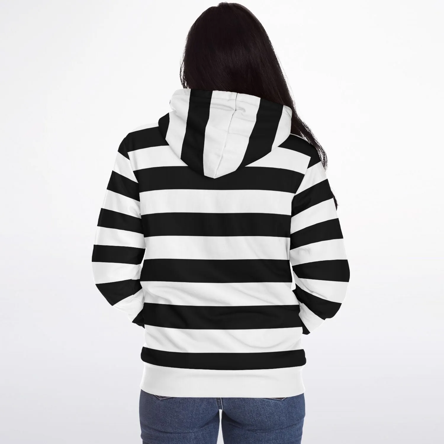 Black White Striped Zip Up Fleece Lined Hoodie, Heavyweight Full Zipper Pocket Men Women Unisex Aesthetic Graphic Hooded Sweatshirt Jacket