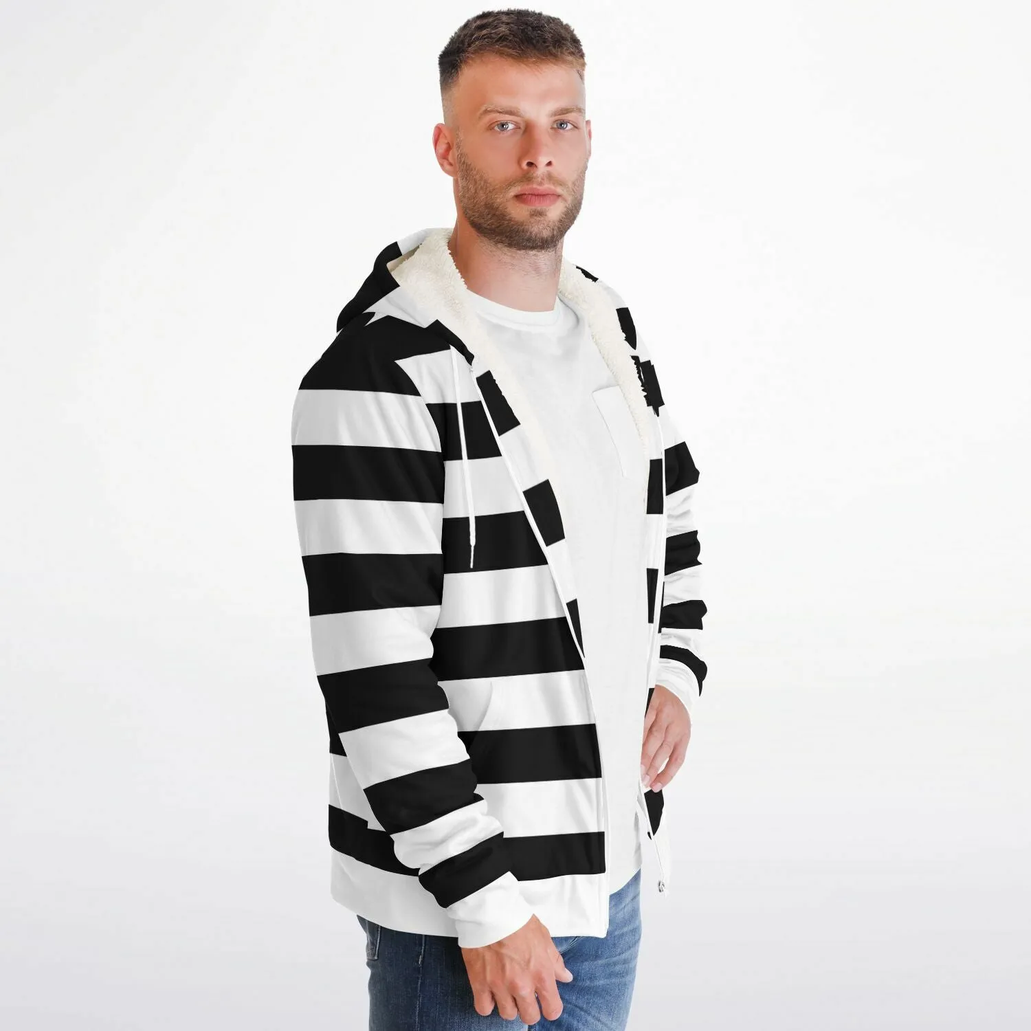 Black White Striped Zip Up Fleece Lined Hoodie, Heavyweight Full Zipper Pocket Men Women Unisex Aesthetic Graphic Hooded Sweatshirt Jacket