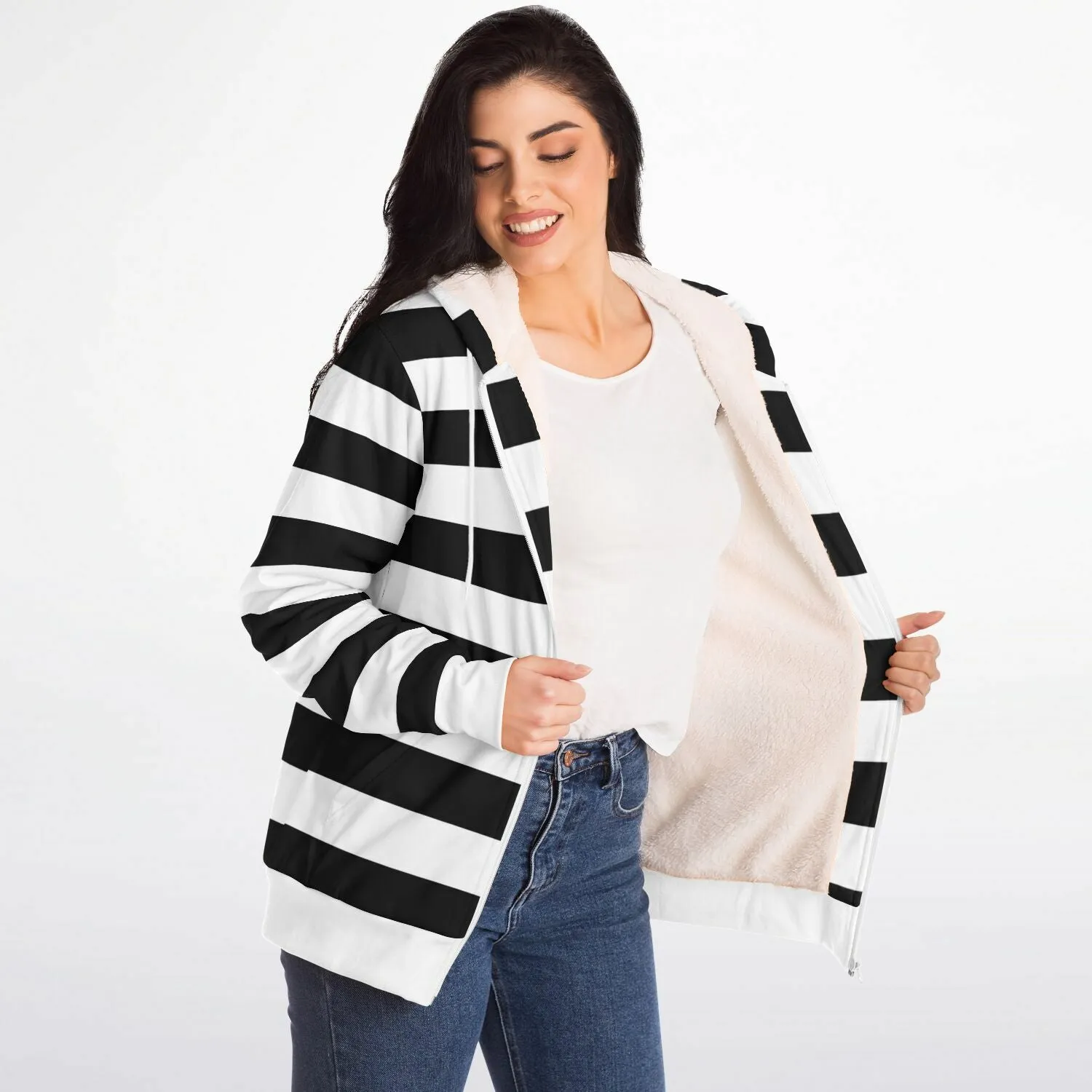 Black White Striped Zip Up Fleece Lined Hoodie, Heavyweight Full Zipper Pocket Men Women Unisex Aesthetic Graphic Hooded Sweatshirt Jacket