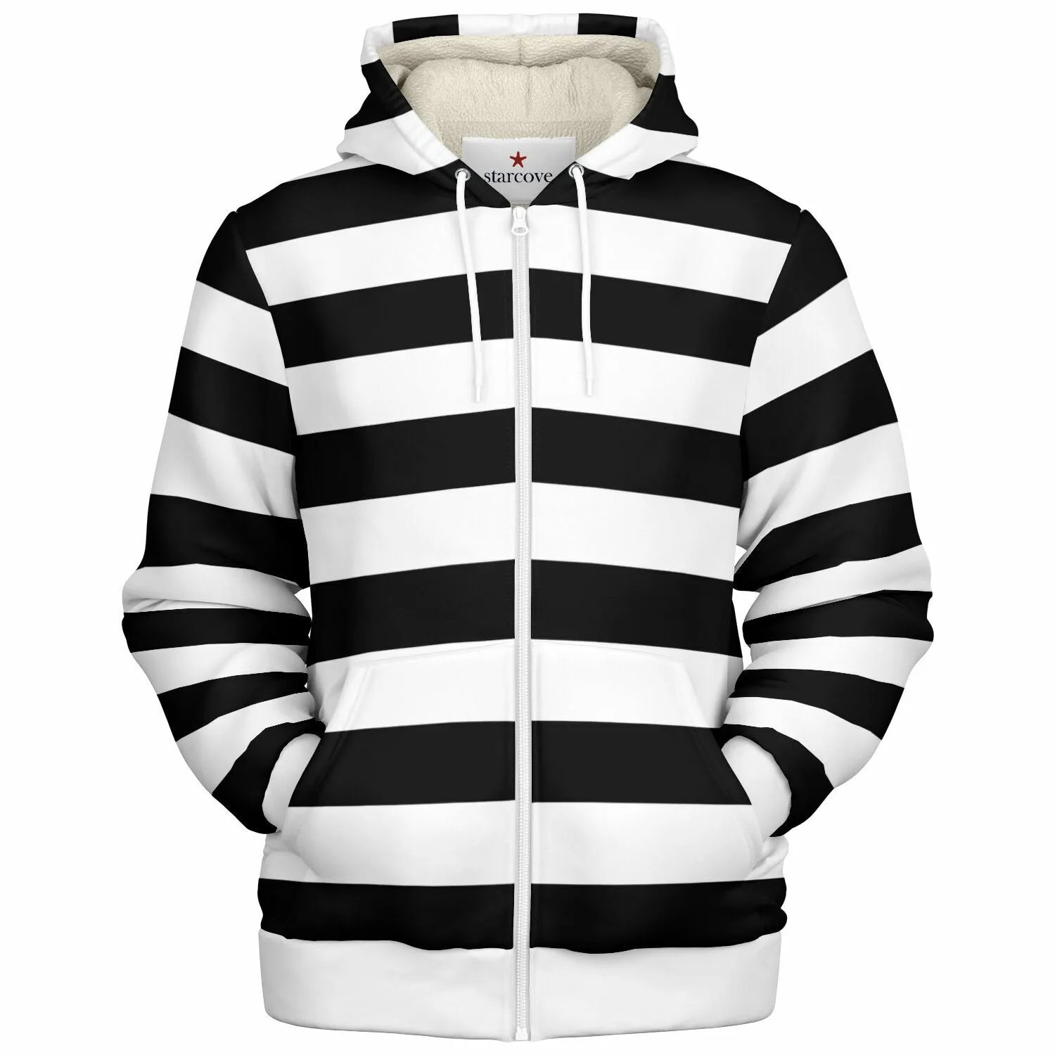 Black White Striped Zip Up Fleece Lined Hoodie, Heavyweight Full Zipper Pocket Men Women Unisex Aesthetic Graphic Hooded Sweatshirt Jacket
