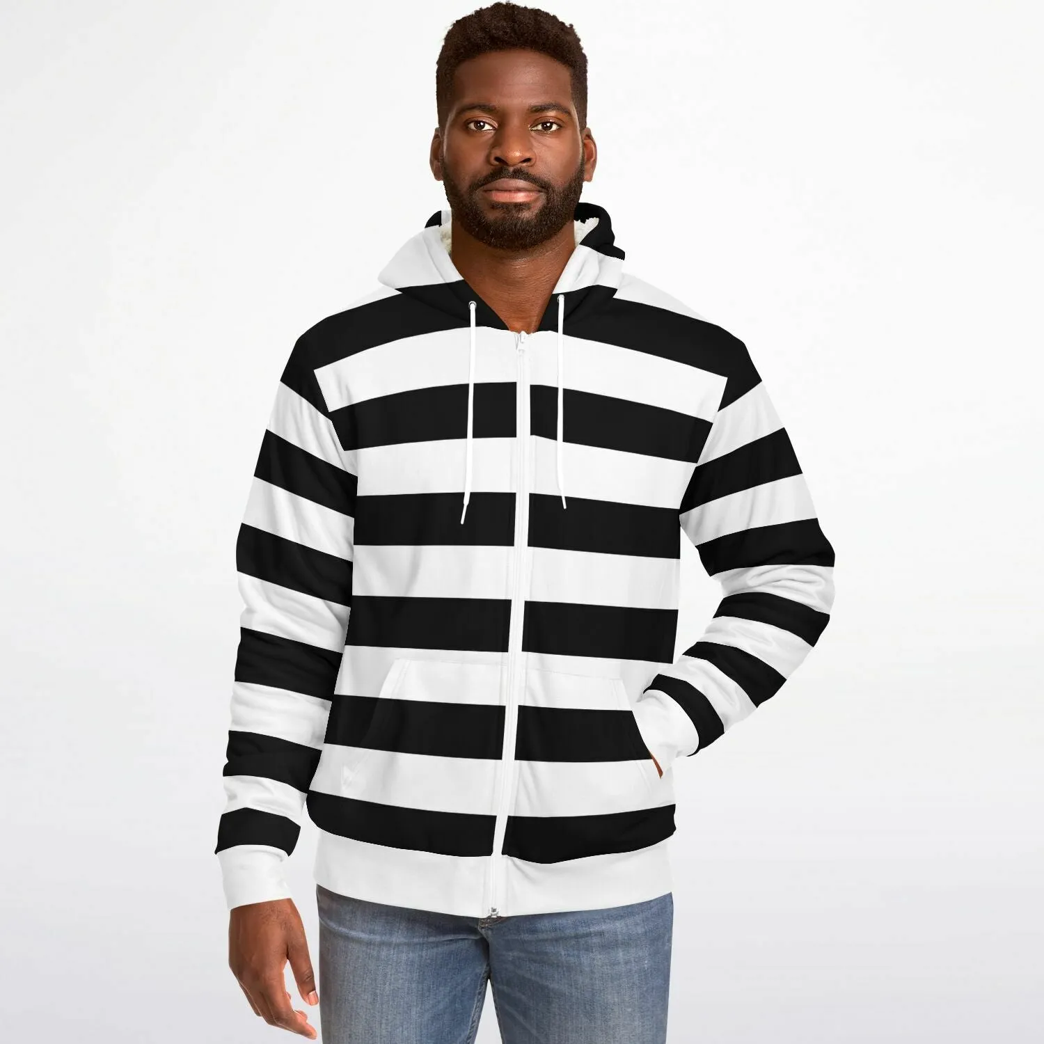 Black White Striped Zip Up Fleece Lined Hoodie, Heavyweight Full Zipper Pocket Men Women Unisex Aesthetic Graphic Hooded Sweatshirt Jacket