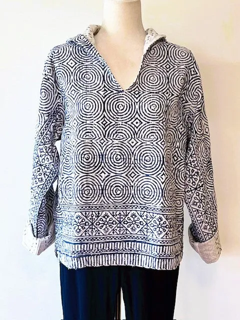 Block Print Hoodie Redefines Kantha Stitching (Indigo)