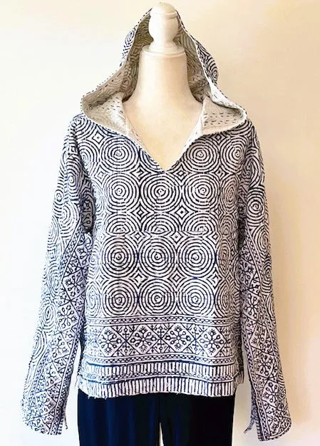 Block Print Hoodie Redefines Kantha Stitching (Indigo)