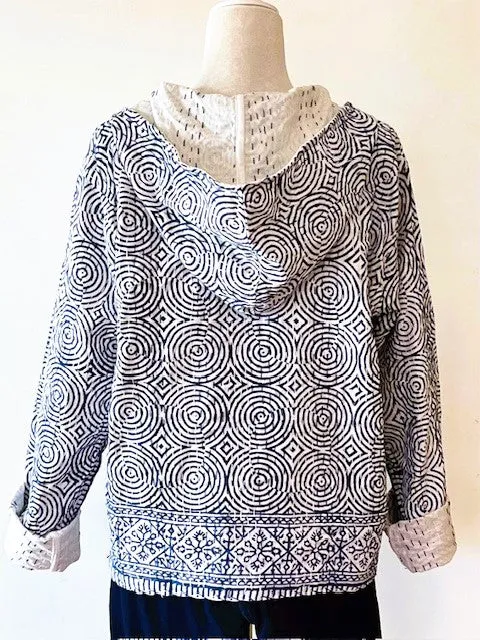 Block Print Hoodie Redefines Kantha Stitching (Indigo)