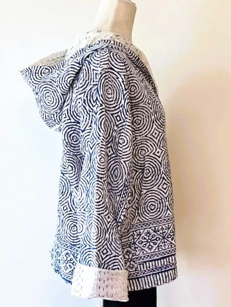 Block Print Hoodie Redefines Kantha Stitching (Indigo)