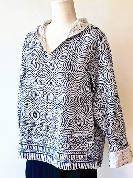 Block Print Hoodie Redefines Kantha Stitching (Indigo)