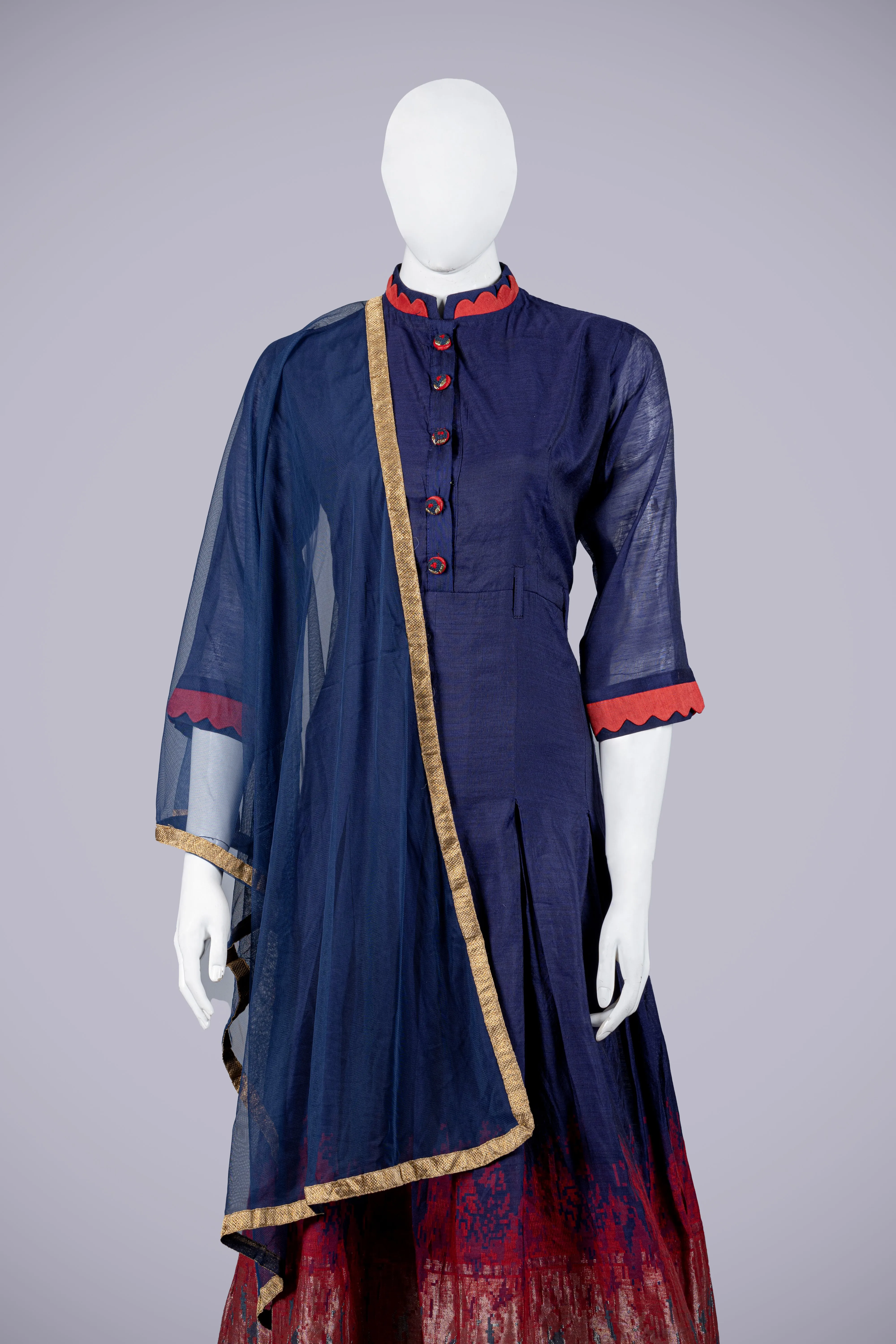 Blue Cotton Silk Gown with Dupatta