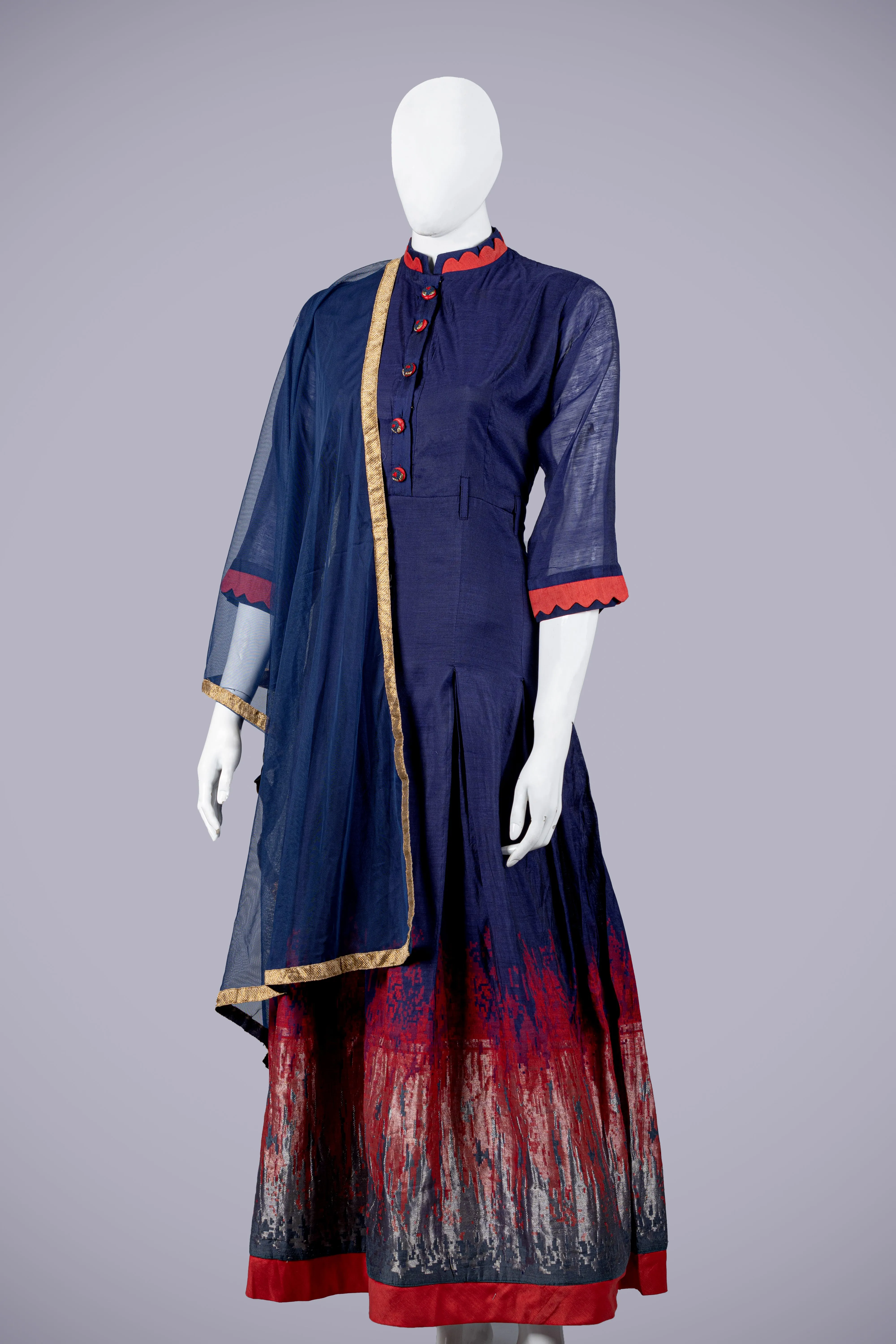 Blue Cotton Silk Gown with Dupatta