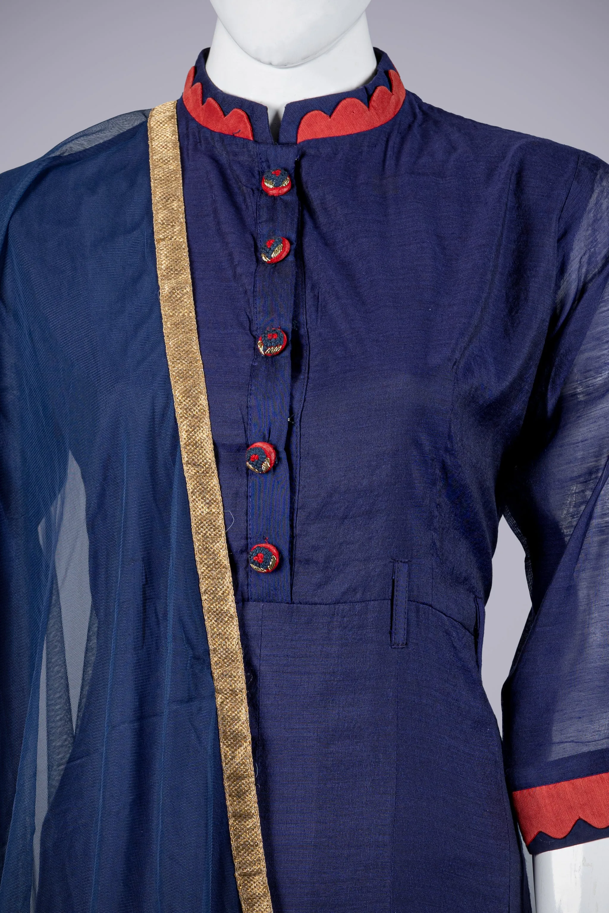 Blue Cotton Silk Gown with Dupatta