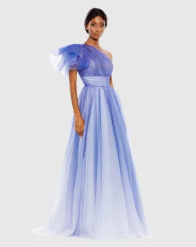 Blue Glitter Ombre Ruffled One Shoulder Ballgown