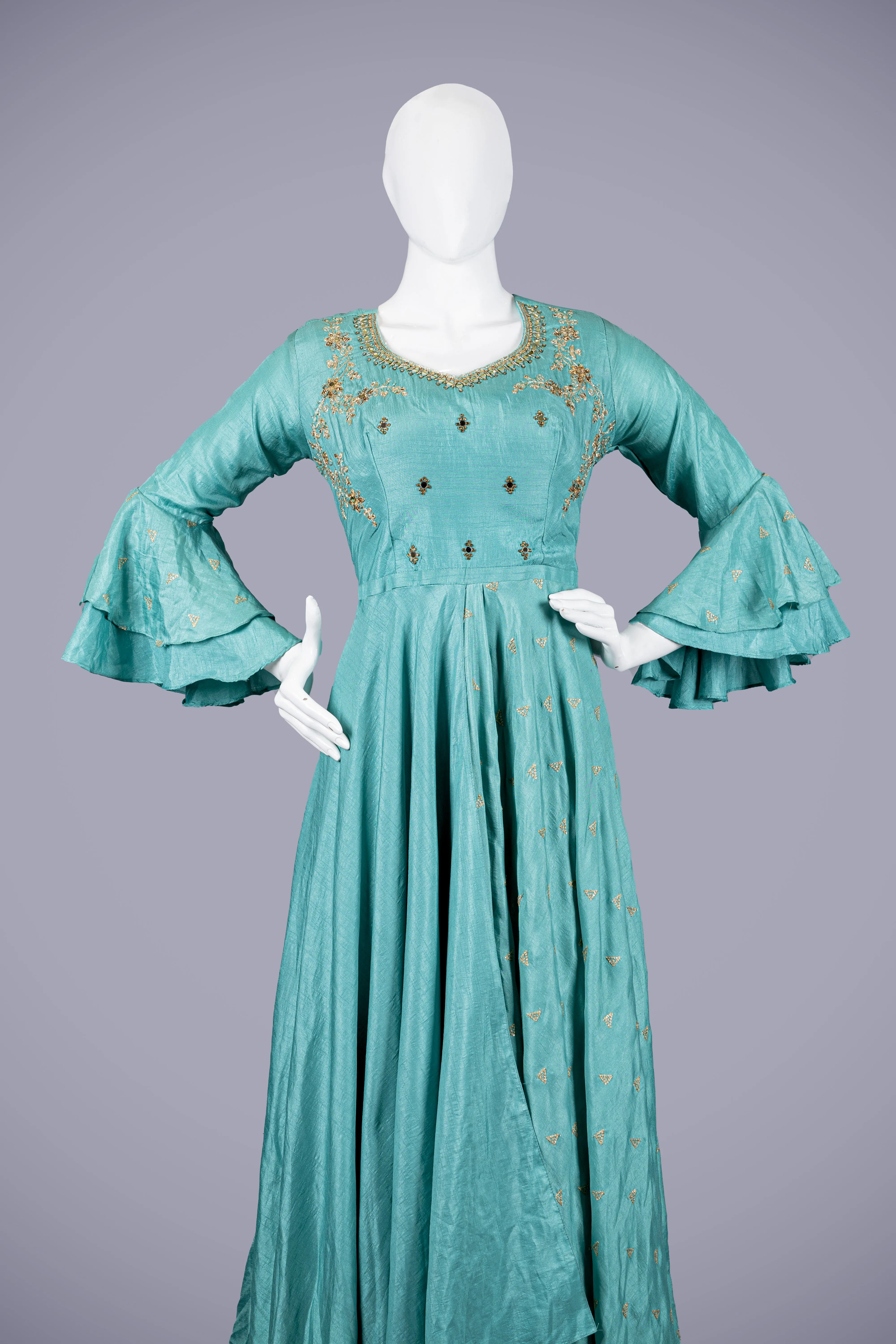 Blue Gown with Machine Work