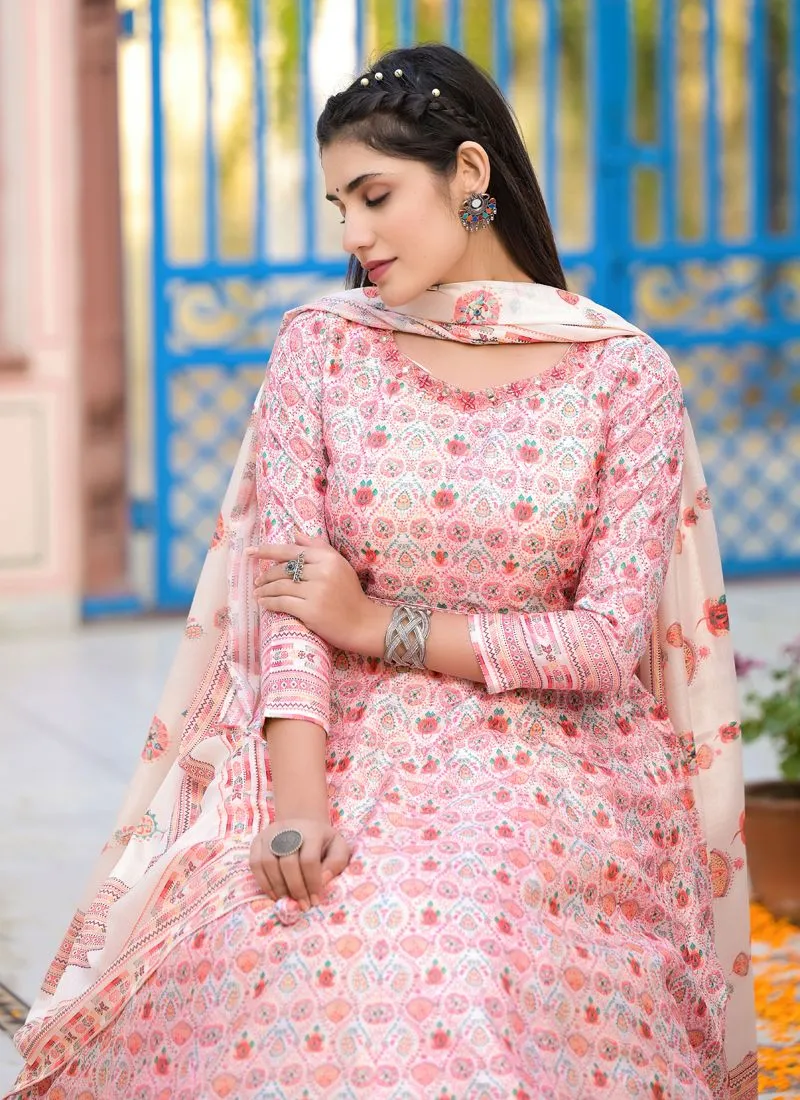 Blush Pink Wedding Wear Dola Silk Gown with Handwork
