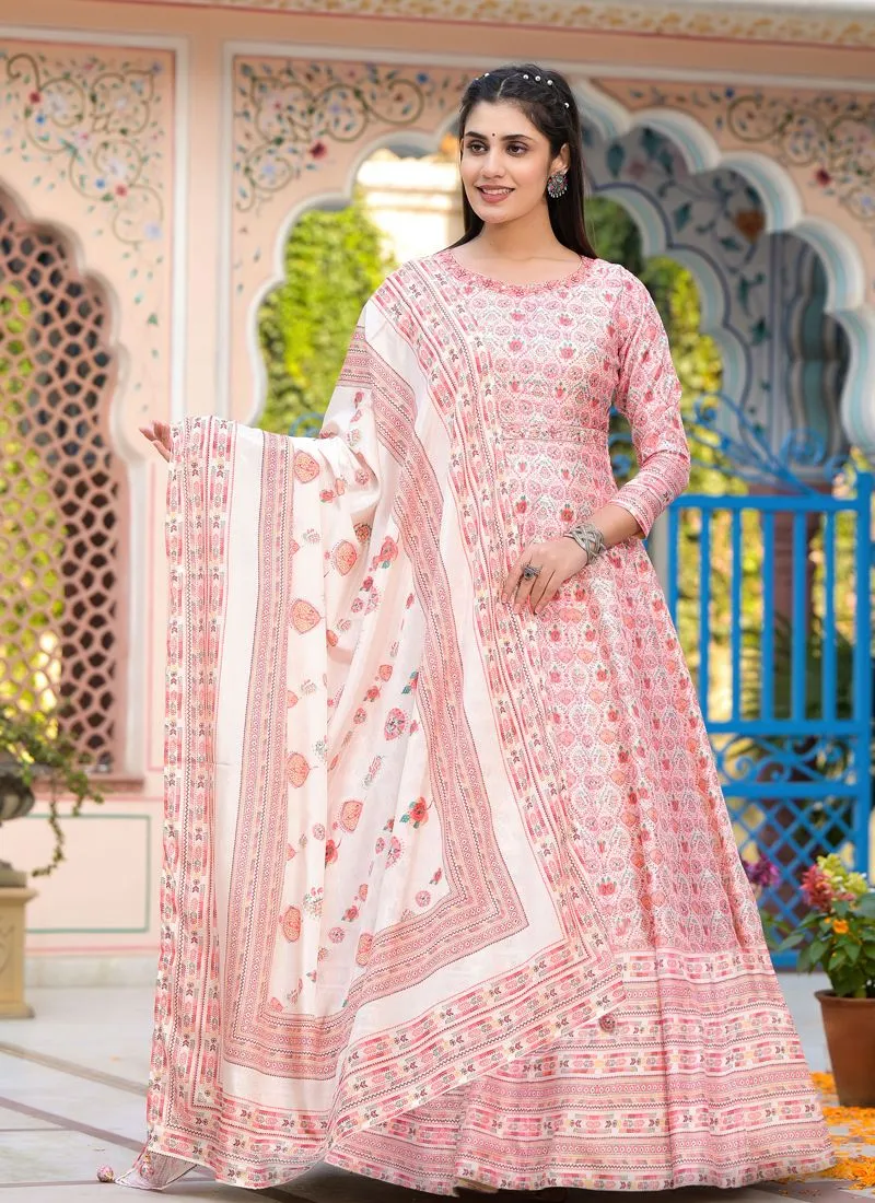 Blush Pink Wedding Wear Dola Silk Gown with Handwork