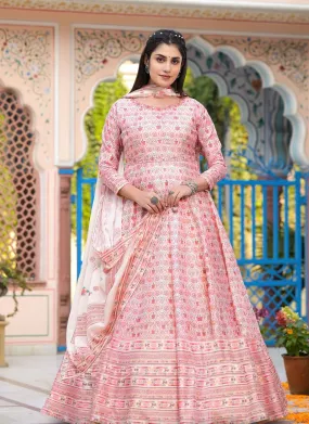 Blush Pink Wedding Wear Dola Silk Gown with Handwork